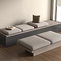 Gray Bench With Pillow Tray Of Books On Wooden Floor By Window