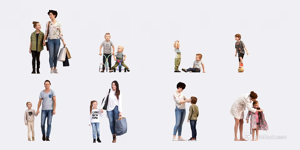 Group of People Including Adults And Children Doing Activities Like Shopping Playing And Interacting 3d model 
