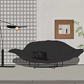 Black Leaf Shaped Chaise Lounge With Floor Lamp Grid Patterned Wall Painting And Green Plant
