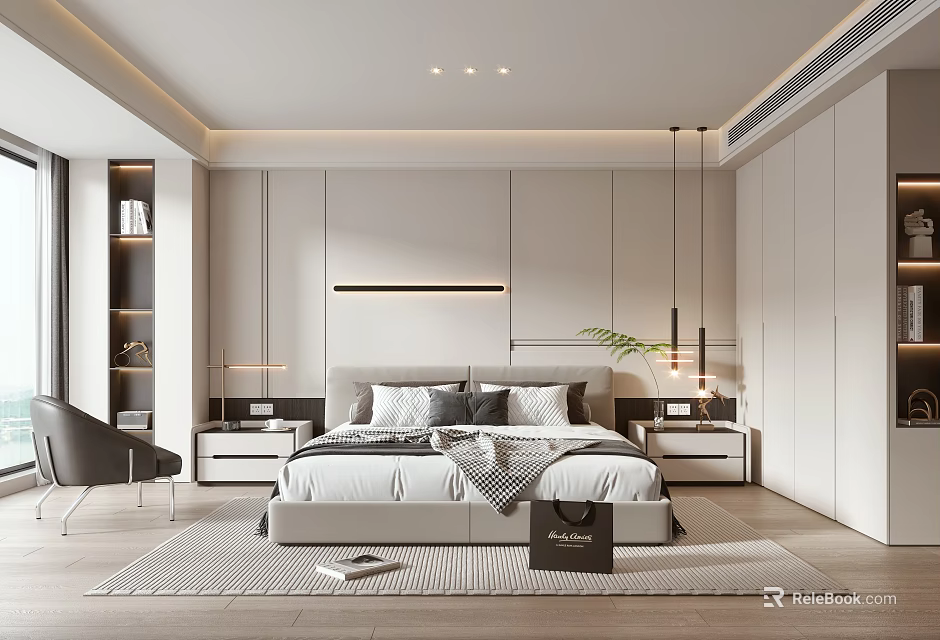 Modern Bedroom Interior Design With Platform Bed Nightstands Pendant Lights And Area Rug 3d model 