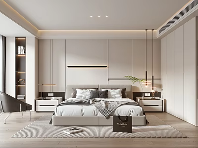 Modern Bedroom Interior Design With Platform Bed Nightstands Pendant Lights And Area Rug 3d model