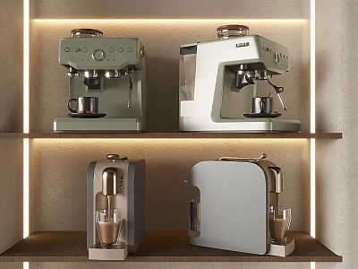 Stylish Modern Kitchen Appliances Coffee Makers And Toasters On Wooden Shelves With LED Lighting 3d model