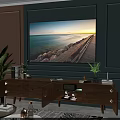 Modern Wooden TV Stand with Storage Books Potted Plants and Decorations and Blue Lighting Underneath