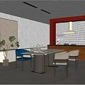Modern Restaurant Interior With Marble Dining Table Blue White Chairs And Red Accent Wall