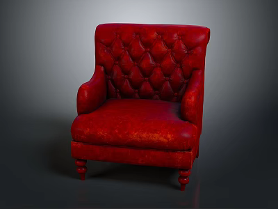 Red Leather Single Sofa Featuring Tufted Design Armrests And Carved Legs 3d model