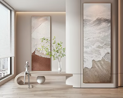 Minimalist Luxury Interior With Vertical Decorative Paintings Green Plants And Sculpture 3d model