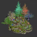 Miniature Architectural House in Lush Green Landscape with Trees Grass and Pond