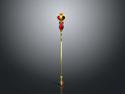 Ornate Golden Scepter with Red and Black Decorative Top and Red Gemstone Base 3d model