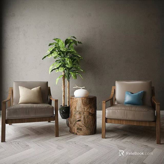 Modern Interior With Leather Armchairs Green Plant Tree Stump Table And Gray Walls 3d model 