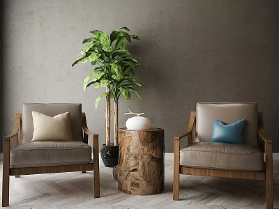 Modern Interior With Leather Armchairs Green Plant Tree Stump Table And Gray Walls 3d model