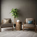 Modern Interior With Leather Armchairs Green Plant Tree Stump Table And Gray Walls