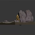 Five Yellow And Black Armored Characters Holding Weapons In Rocky Sandy Terrain With Large Rocks