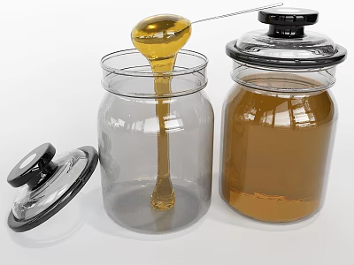 Natural Honey in Glass Jars with Spoon Pouring Golden Syrup and Lids 3d model