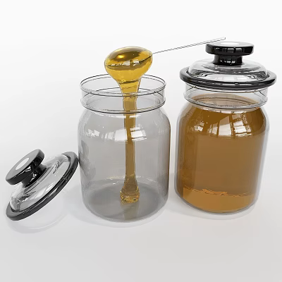 Natural Honey in Glass Jars with Spoon Pouring Golden Syrup and Lids 3d model