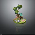 Enchanted Miniature Scene with Tree Small Hut Mushrooms and Flowers on Green Circular Base