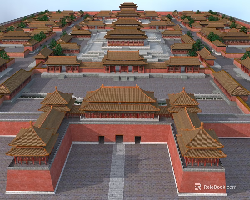 Traditional Chinese Ancient Architecture With Red Walls Golden Roofs And Symmetrical Courtyard Layout 3d model 