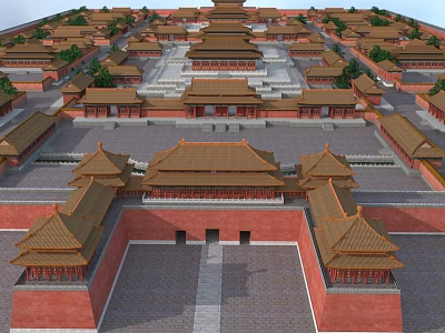 Traditional Chinese Ancient Architecture With Red Walls Golden Roofs And Symmetrical Courtyard Layout 3d model