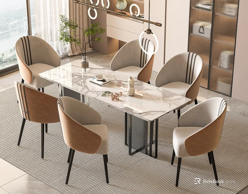 Modern Dining Table With Marble Surface And Upholstered Chairs In Bright Room With Pendant Lights 3d model 