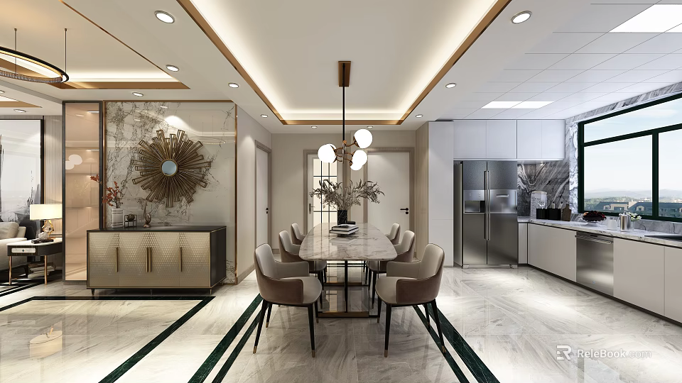 Elegant Light Luxury Open Dining And Living Space With Marble Dining Table And Integrated Kitchen 3d model 