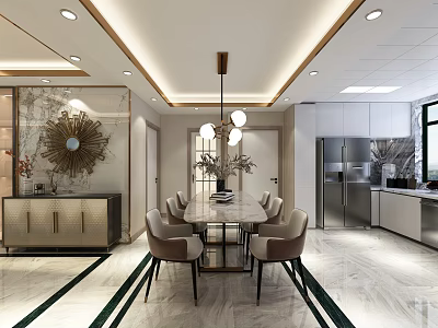 Elegant Light Luxury Open Dining And Living Space With Marble Dining Table And Integrated Kitchen 3d model