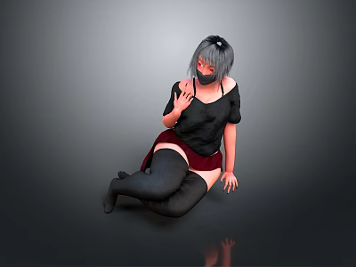 Anime Style Character With Gray Hair Mask Black Top Red Skirt Sitting On Gray Background 3d model