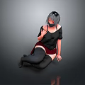 Anime Style Character With Gray Hair Mask Black Top Red Skirt Sitting On Gray Background
