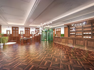 Classic Store Front Desk With Wooden Counter Display Cabinets And Chandeliers In Shop 3d model