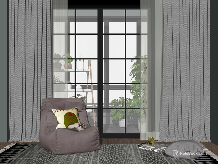 Gray Curtains in Modern Interior with Floor to Ceiling Window Cozy Armchair Plants Patterned Rug 3d model 