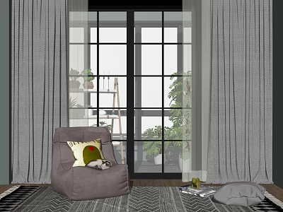 Gray Curtains in Modern Interior with Floor to Ceiling Window Cozy Armchair Plants Patterned Rug 3d model