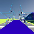 Modern Exhibition Display With Blue Structures Moon Theme And Astronaut Elements