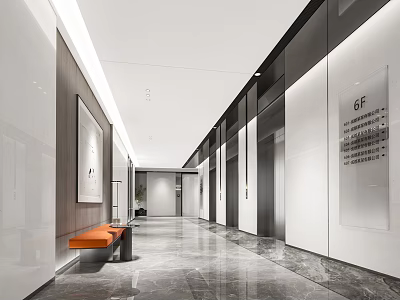Modern Elevator Hallway With Marble Floor Orange Bench And Wall Art 3d model