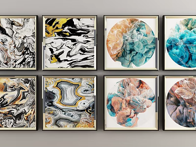 Vibrant Abstract Paintings with Diverse Color Patterns in Square and Round Frames 3d model