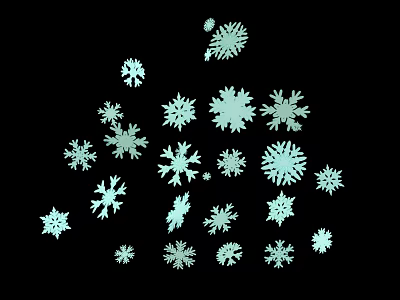 Decorative White Snowflakes Falling In Various Shapes On Black Background 3d model