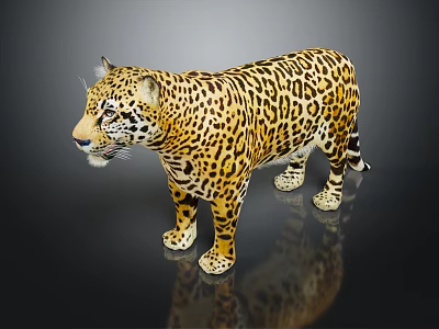 Realistic Jaguar Statue With Yellow Leopard Print Fur Standing On Dark Surface 3d model