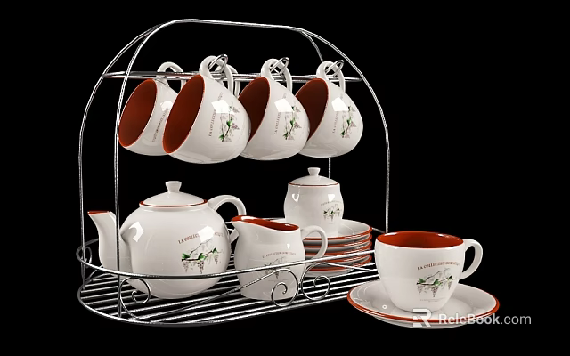 Elegant Tea Set with Floral Patterns Red Rim Teapot Milk Jug Saucers on Metal Rack 3d model 