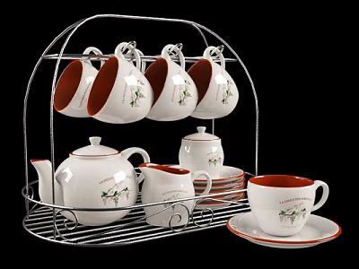 Elegant Tea Set with Floral Patterns Red Rim Teapot Milk Jug Saucers on Metal Rack 3d model
