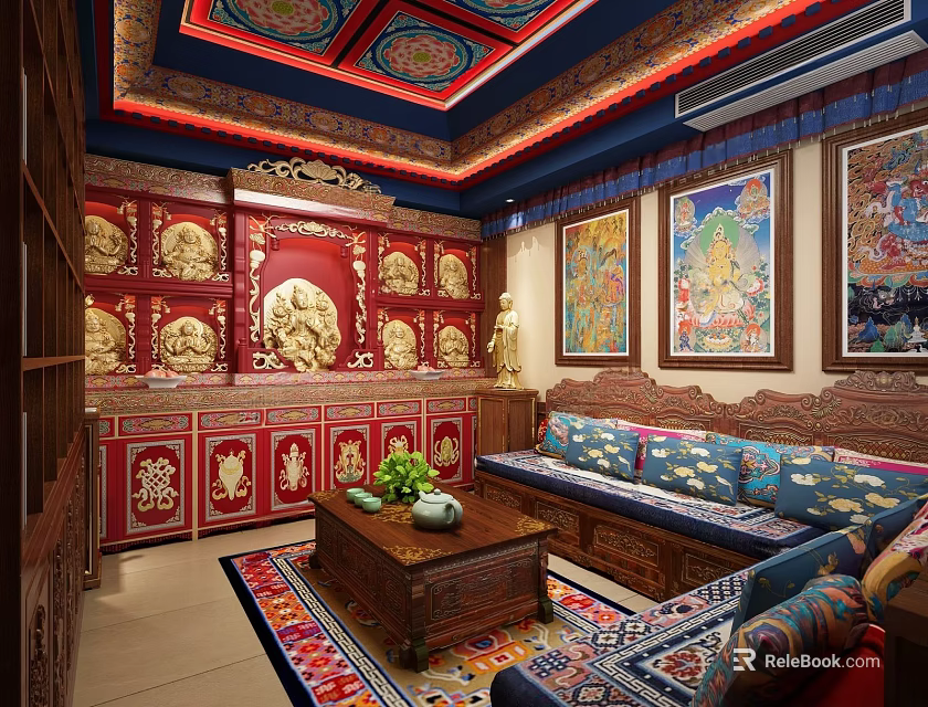 Traditional Buddhist Religious Interior With Red Cabinets Golden Decorations And Murals 3d model 