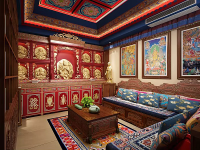 Traditional Buddhist Religious Interior With Red Cabinets Golden Decorations And Murals 3d model