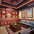 Traditional Buddhist Religious Interior With Red Cabinets Golden Decorations And Murals