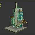 Colorful Multi Story Building 3D Model with Exterior Balconies and Palm Tree