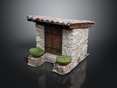 Small Stone Building with Wooden Door Tiled Roof and Side Planters with Greenery 3d model