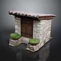 Small Stone Building with Wooden Door Tiled Roof and Side Planters with Greenery