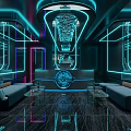 Futuristic KTV Corridor with Blue Pink Neon Lights Reflective Floor and High Tech Design