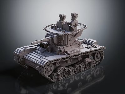 Military Vehicle Tank Brick Built Model With Tracks Turret And Dual Cannons 3d model