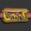 Golden Bun Hot Dog Topped with Yellow Mustard Green Pickles Purple Relish