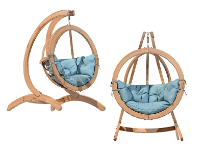 Wooden Round Hammock Chair with Blue Cushions and Sturdy Stand 3d model