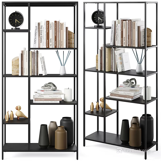 Modern Black Metal Shelf Unit With Stacked Books Decorative Vases And Sculptures 3d model 