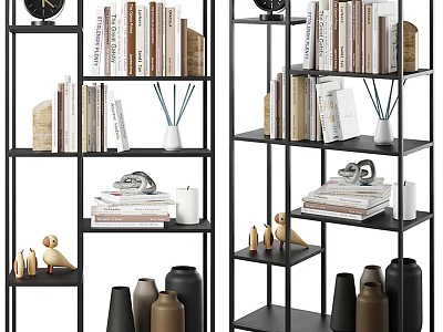 Modern Black Metal Shelf Unit With Stacked Books Decorative Vases And Sculptures 3d model
