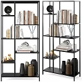 Modern Black Metal Shelf Unit With Stacked Books Decorative Vases And Sculptures
