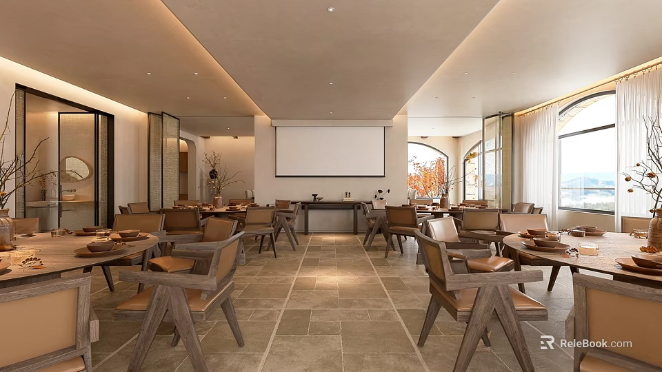 Modern Restaurant Interior With Wooden Tables Chairs Large Windows And Natural Light 3d model 